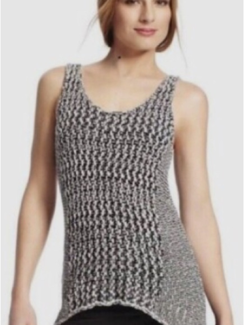 Cabi Long Tank Tunic Black/Ivory Marled "Oreo" Tape Yarn Knit Hi-Lo Hem Size S